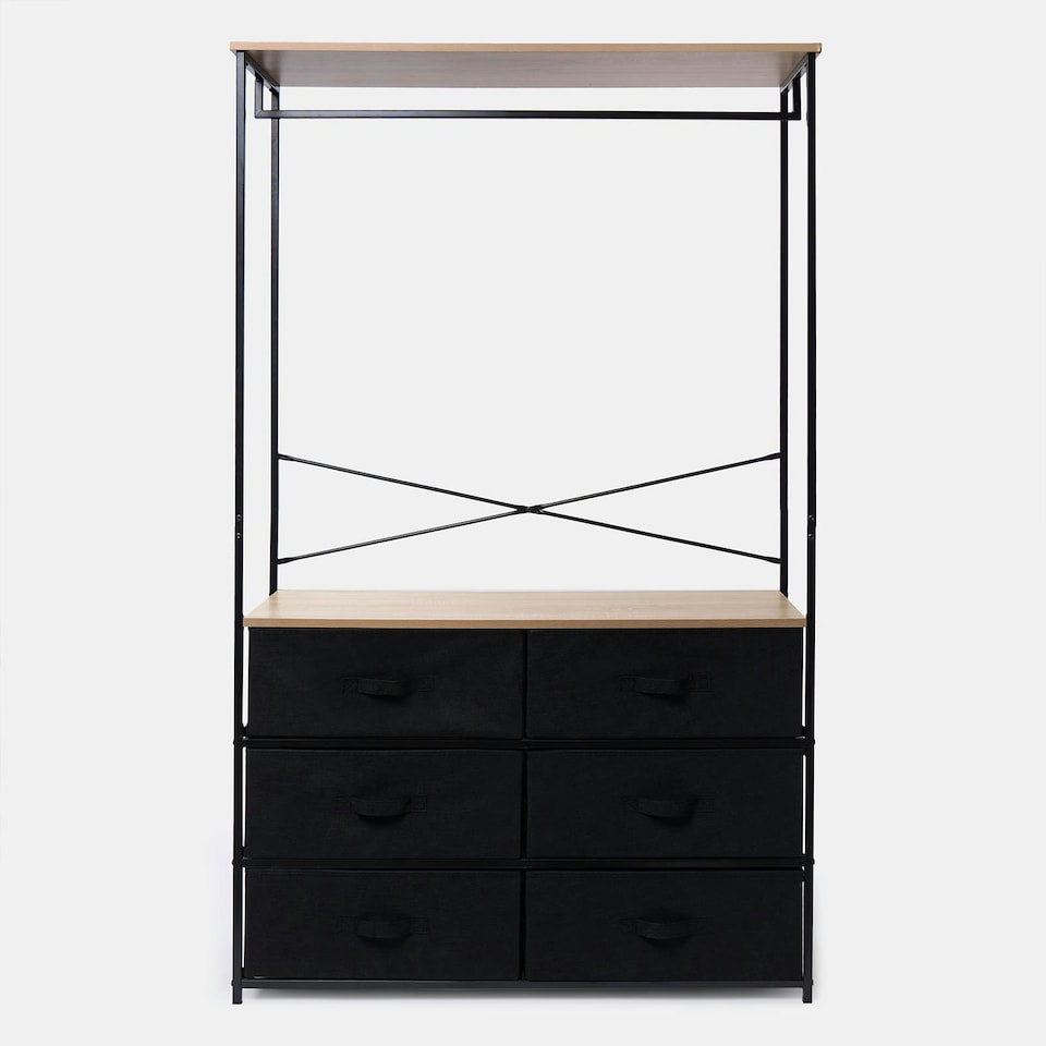 image 1 of OHS Brooklyn 6 Drawer Home Storage Fabric Display Cabinet With Hanging Rail Black
