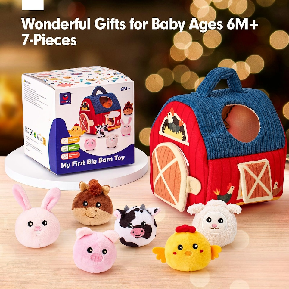 image 1 of Plush Barn with Stuffed Farm Animals, Rattle, Crinkle Paper & Baby Mirror