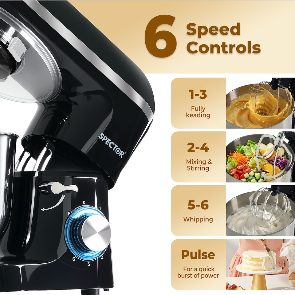 image 1 of Spector Electric Stand Mixer 6.2L Stainless Steel Mixing Bowl 1400W 6 Speeds