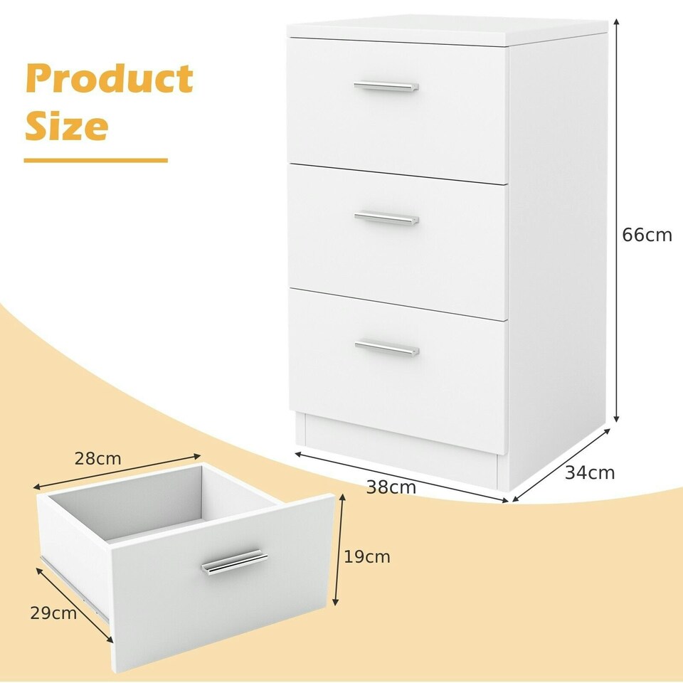 image 1 of COSTWAY Wooden Nightstand w/3 Drawers Space-saving End Table White