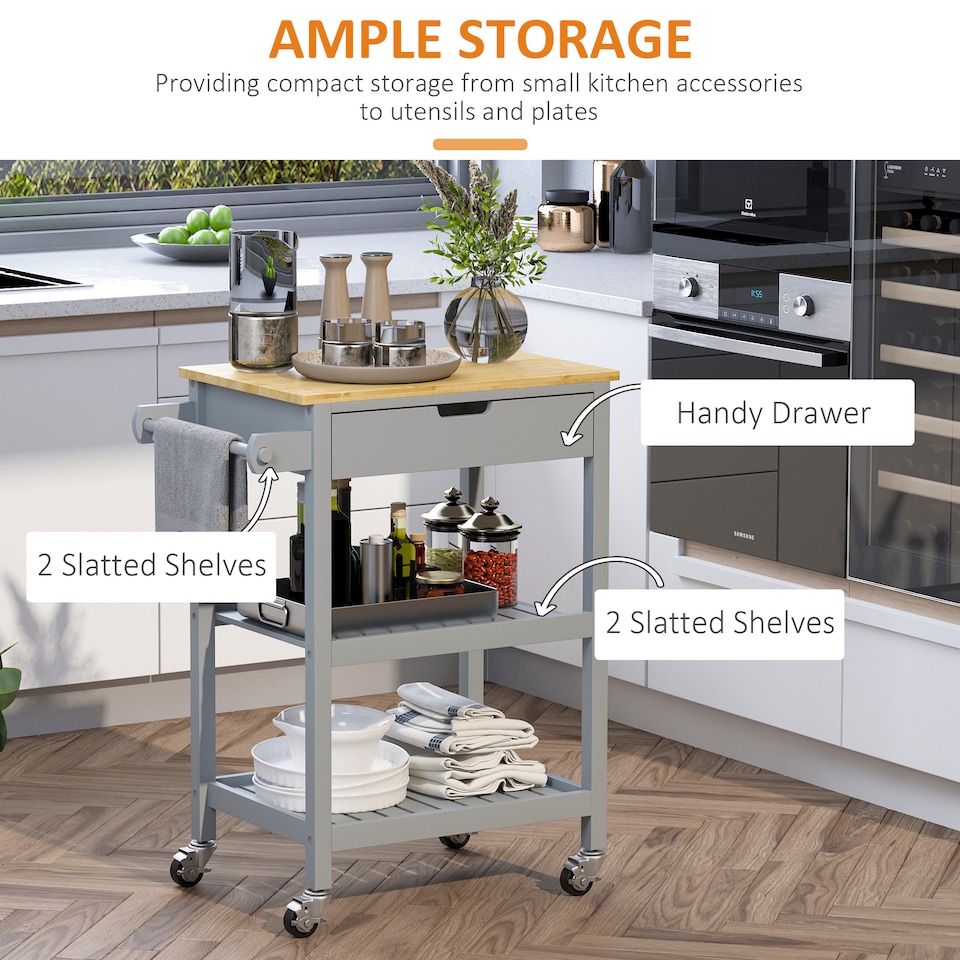 image 1 of HOMCOM Kitchen Trolley Utility Cart on Wheels with Rubberwood Worktop, Towel Rack, Storage Shelves & Drawer for Dining Room, Grey