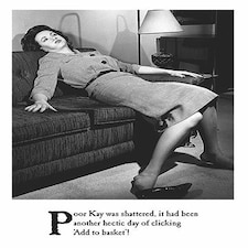 Emotional Rescue Female Photographic Funny Blank Greeting Card - 'Shattered' - Woman Slumped on Sofa