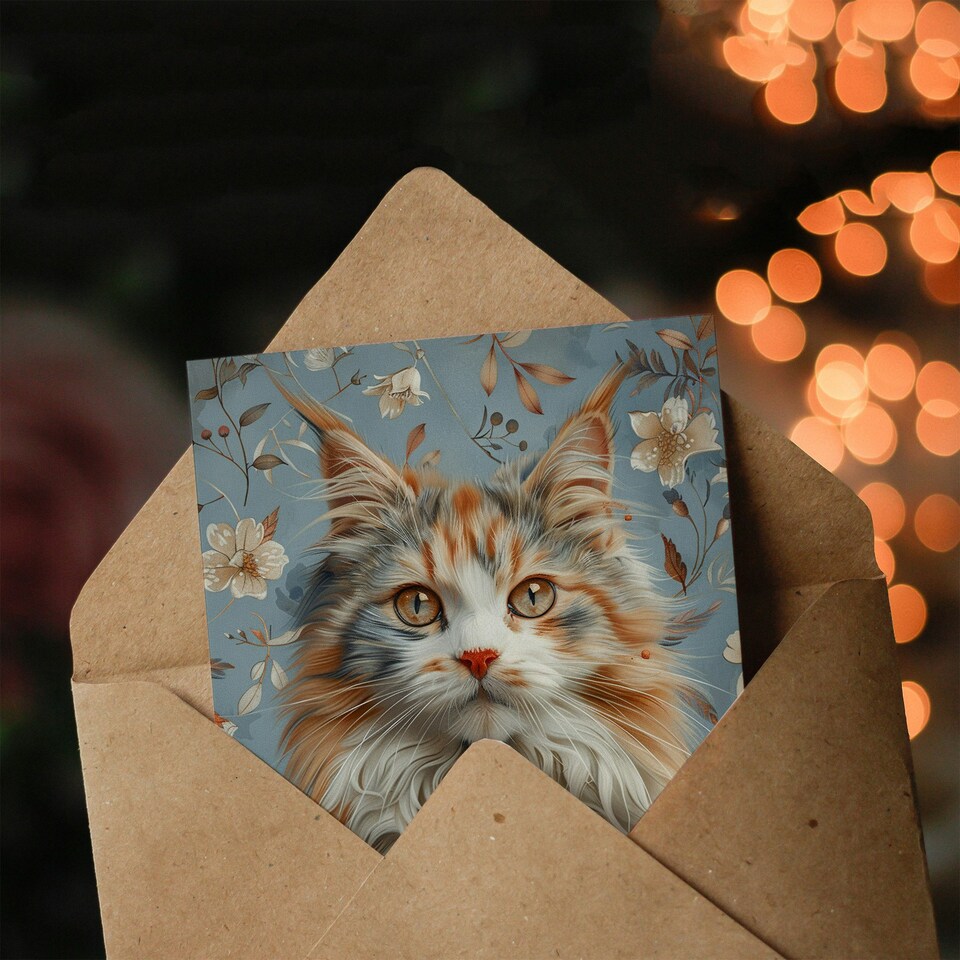 image 1 of Cat Lover Fluffy Maine Coon Retro Floral Pattern Her Birthday Card