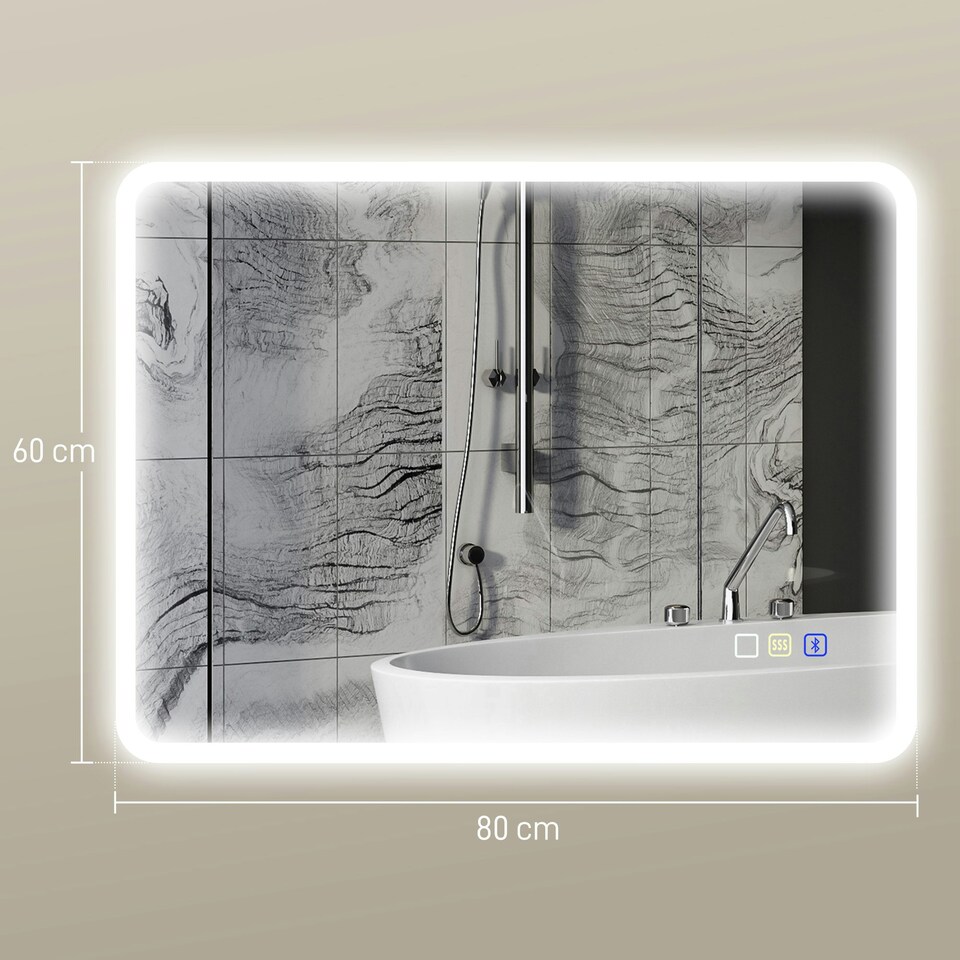image 1 of HOMCOM 600 x 800 mm Bluetooth Bathroom Mirror with LED Lights Wall Mounted Silver | 80L x 60W x 3.5D cm