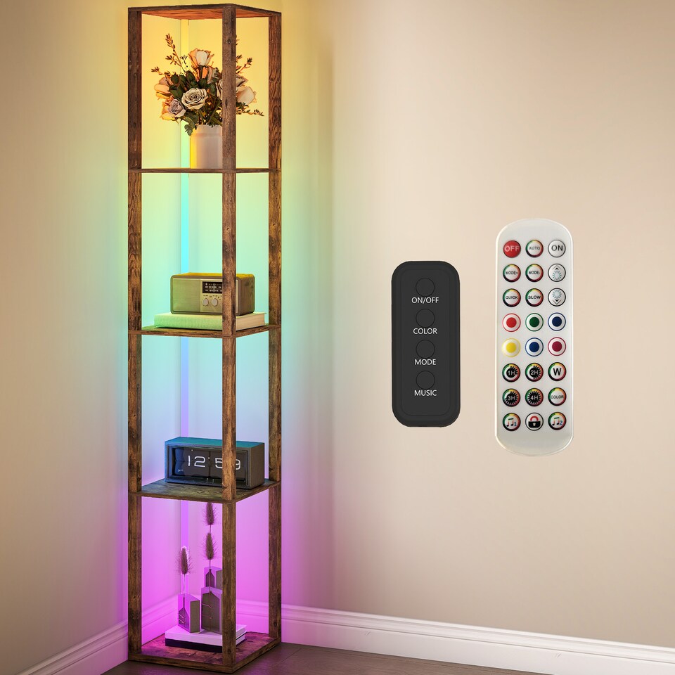 image 1 of HOMCOM RGB LED Floor Lamp with Shelves, Modern Dimmable Standing Lamp with Remote Control, Adjustable Brightness & Speed for Living Room, Bedroom, Office, Rustic Brown | Brown