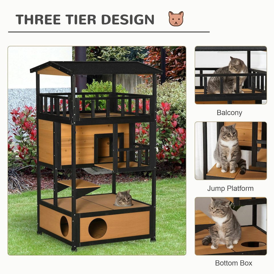 image 1 of PawHut Wooden Outdoor Cat House 3-Tier Kitten Shelter w/ Tilted Roof Yellow