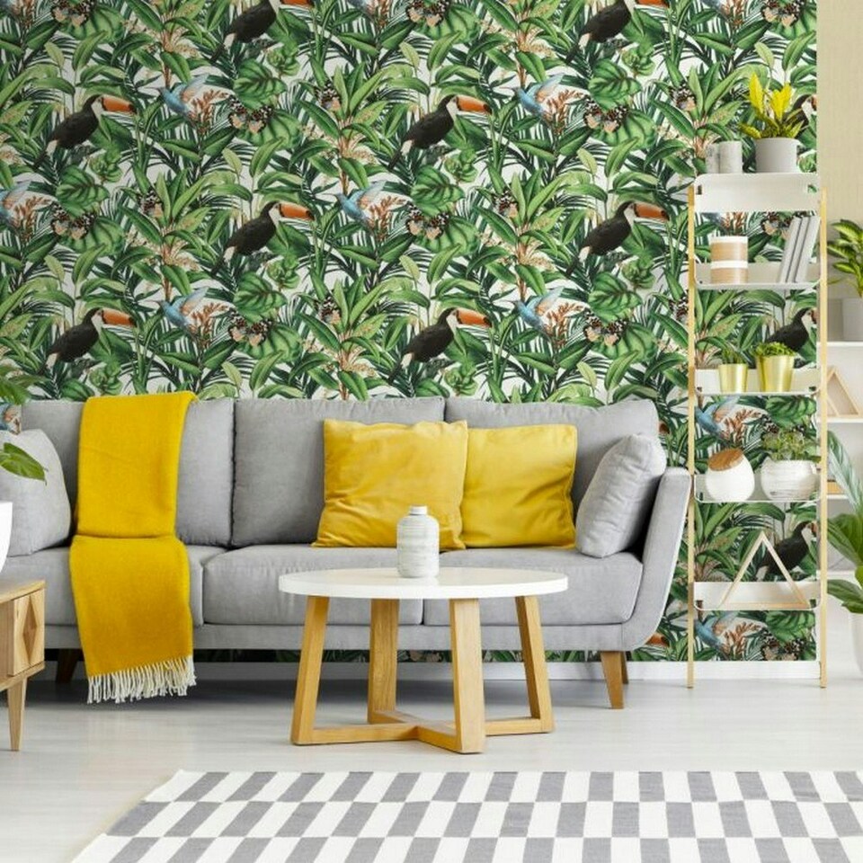 image 1 of Erismann Paradisio 2 Jungle Birds Textured Wallpaper - Green/White - 10m x 53cm Green