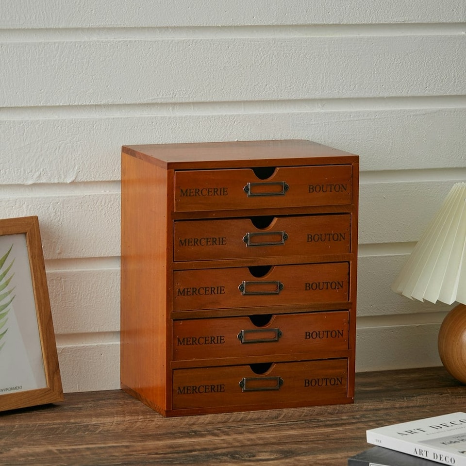 image 1 of Living and Home Rustic 5-Drawer Wooden Organizer Box - Brown