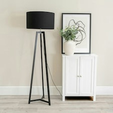 ValueLights Lottie Black Wood Tripod Floor Lamp with Black Fabric Drum Shade and LED Bulb