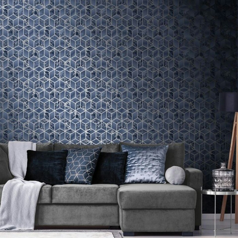 image 1 of Muriva Elixir Marble Wallpaper - Navy/Silver - 10m x 53cm Blue