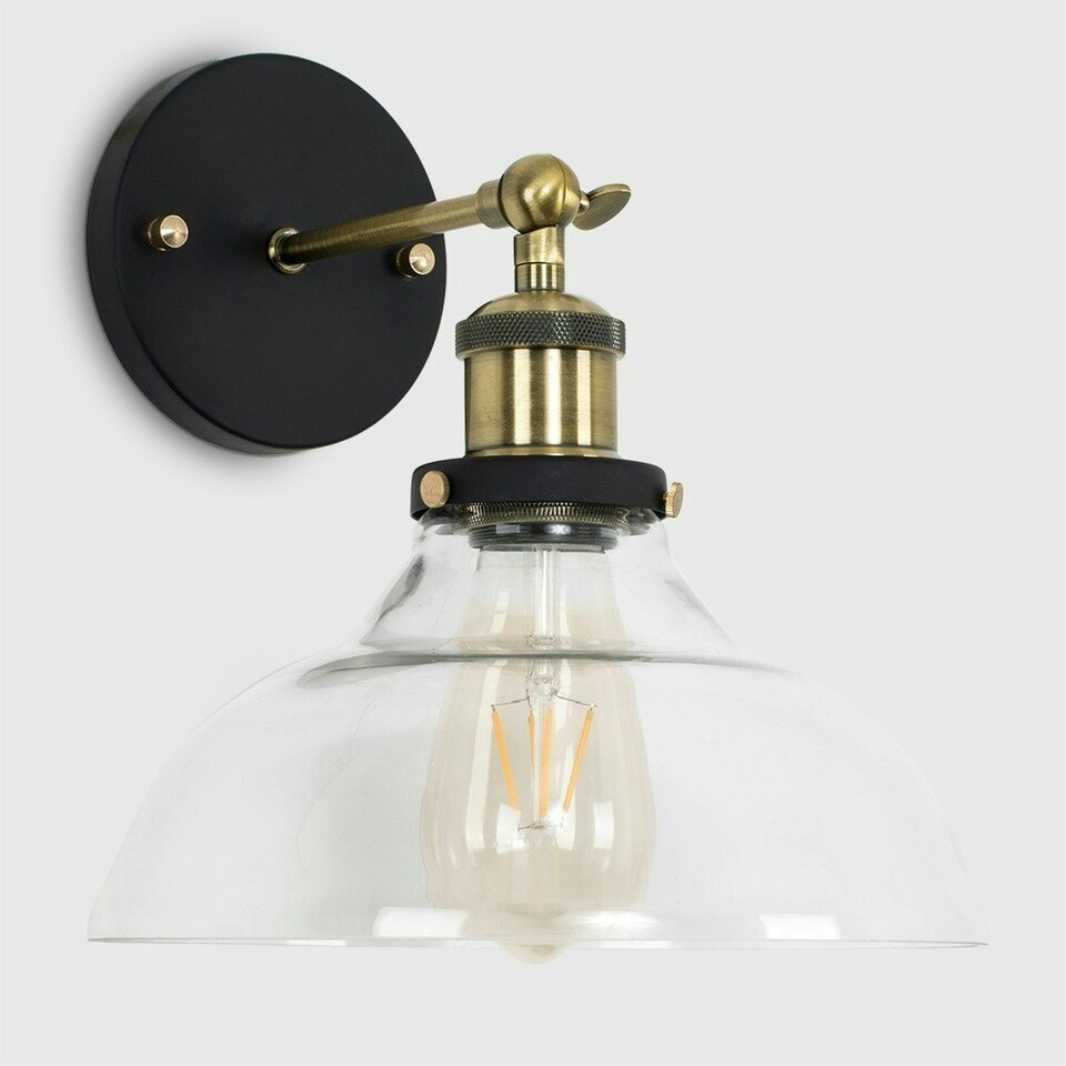 image 1 of ValueLights Industrial Black And Gold Wall Light Fitting With Clear Glass Wide Light Shade