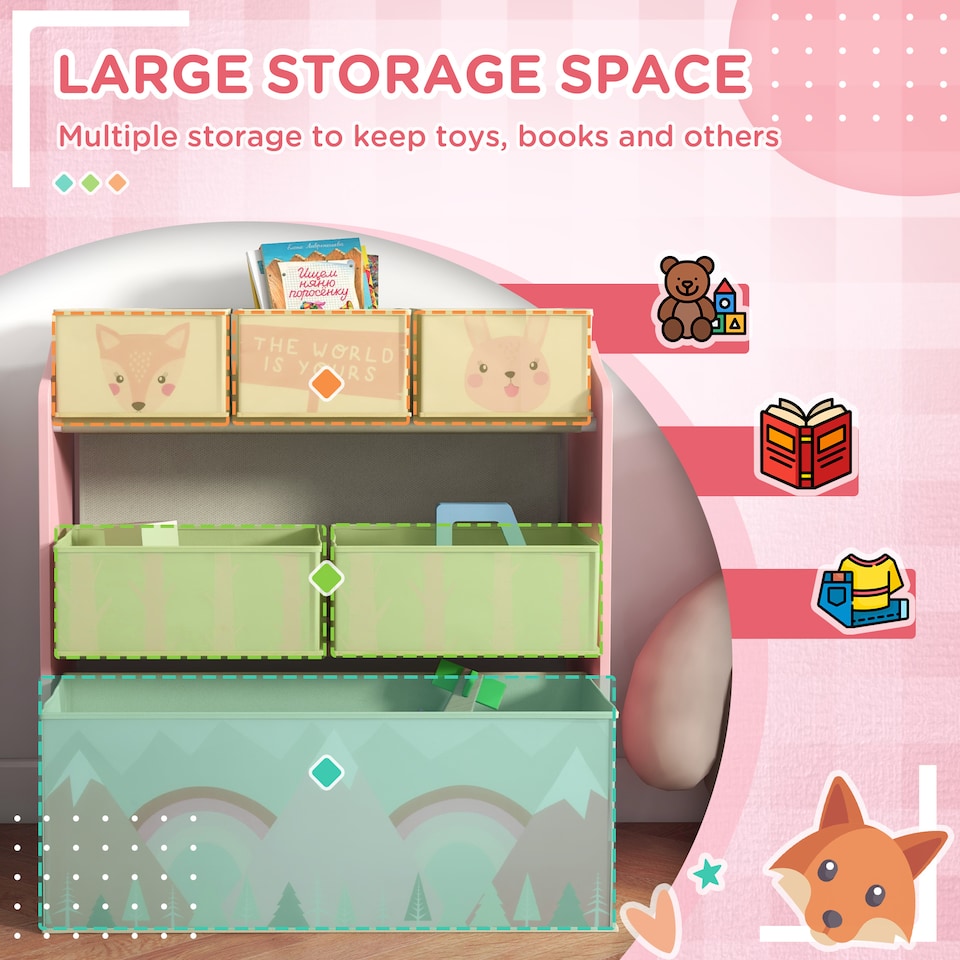 image 1 of ZONEKIZ Kids Storage Unit with 6 Boxes, Childrens Toy Storage Organiser, Pink