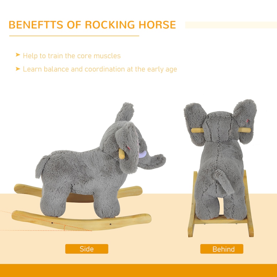 image 1 of HOMCOM Kids Children Rocking Horse Plush Ride on Animal Wooden Riding Traditional Rocker Gift with32 nursery rhymes (Grey Elephant)