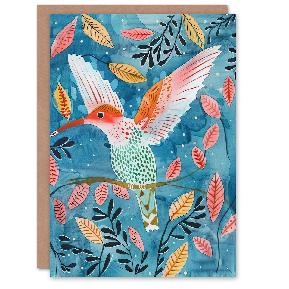 image 1 of Greeting Card Hummingbird Folk Art Pink Blue Orange Watercolour