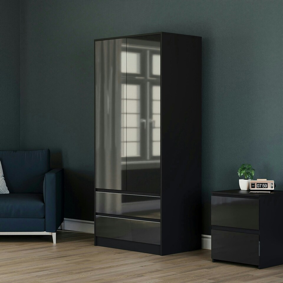 image 1 of Vida Designs Glinton 2 Door 2 Drawer Wardrobe High Gloss Doors With Shelf & Clothes Rail, 100% FSC, Black