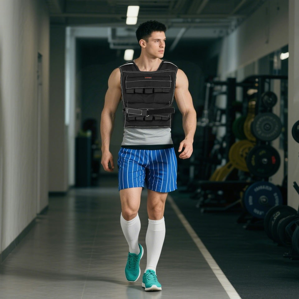 image 1 of 20KG Adjustable Weighted Vest with 20 Metal Weights, Running Weight Vest Black | 50L x 40Wcm