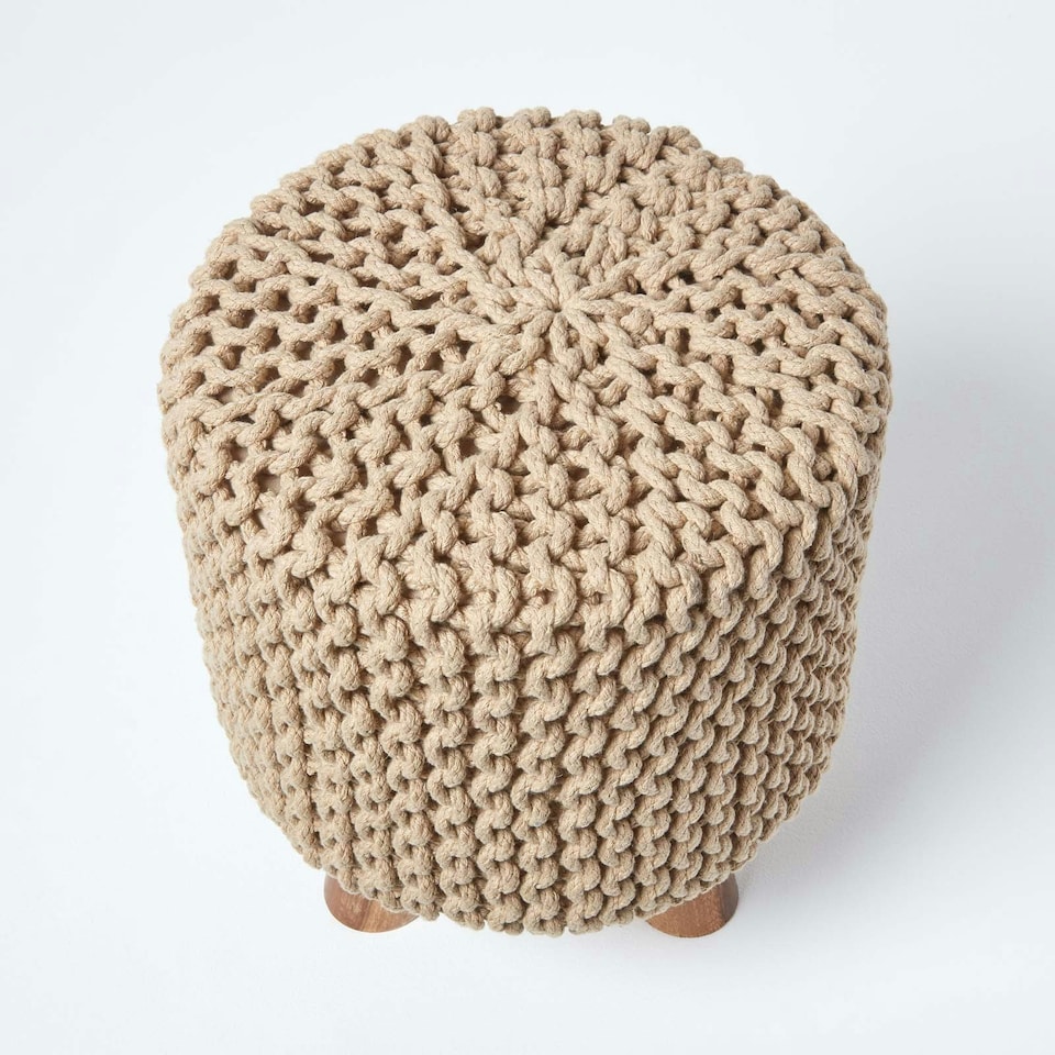 image 1 of Homescapes Linen Tall Cotton Knitted Footstool on Legs