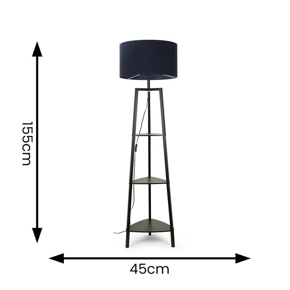 image 1 of ValueLights Hiru Black 3 Tier Shelf Floor Lamp with Navy Shade Blue