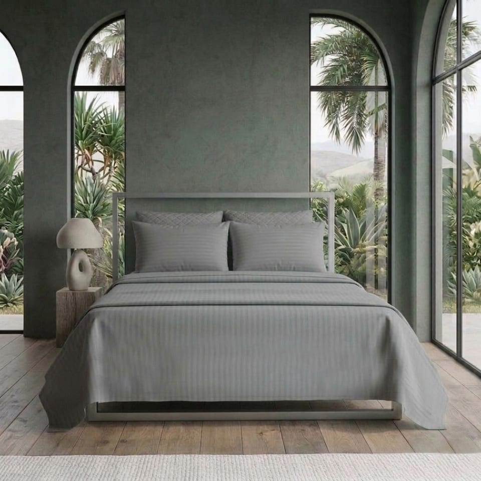 image 1 of Luxury Satin Stripe T250 Cotton Rich Soft Flat Sheet Bed Linen | Grey | Single