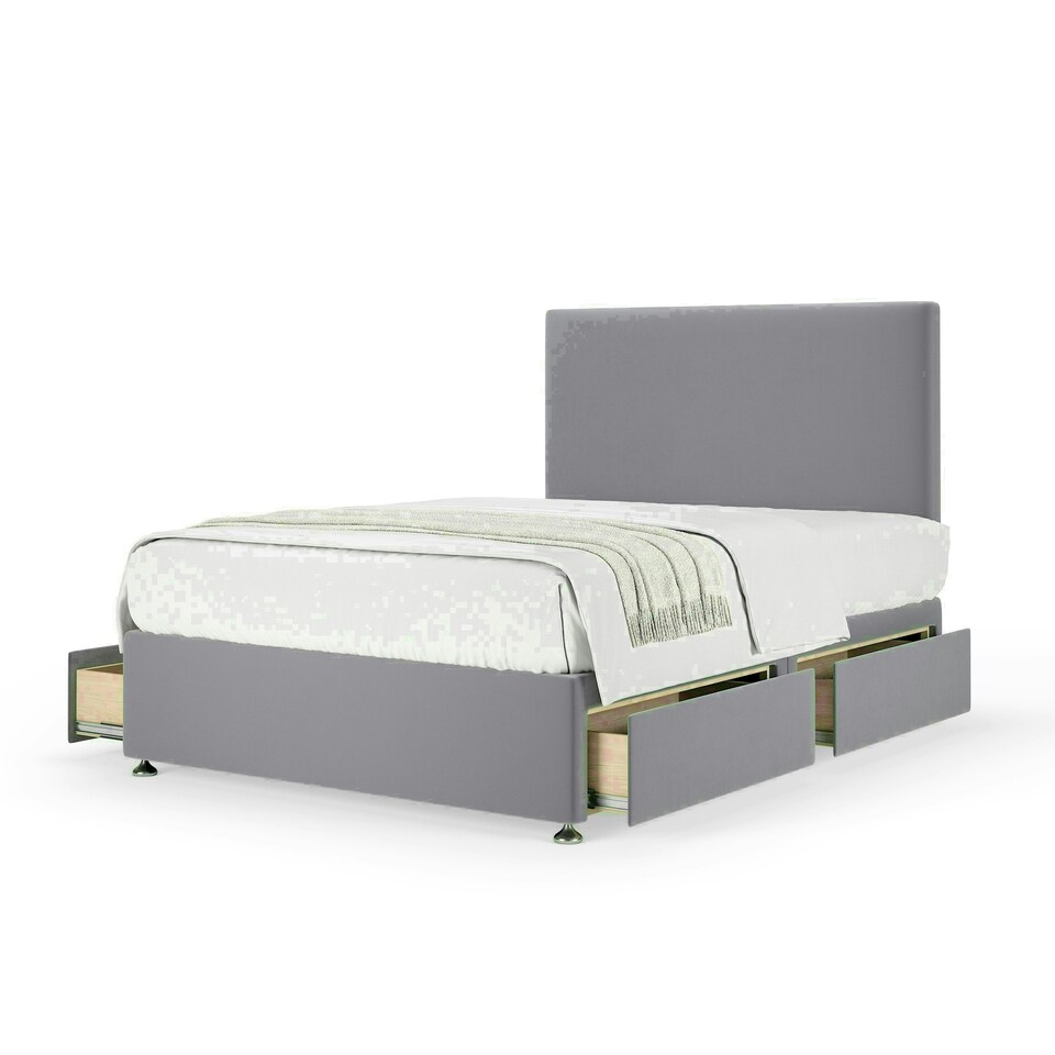 Silver Plush Velvet 4 Drawer Divan Base and Valencia Headboard King Size