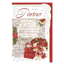 To My Partner Poinsettias and Gifts Design Christmas Card
