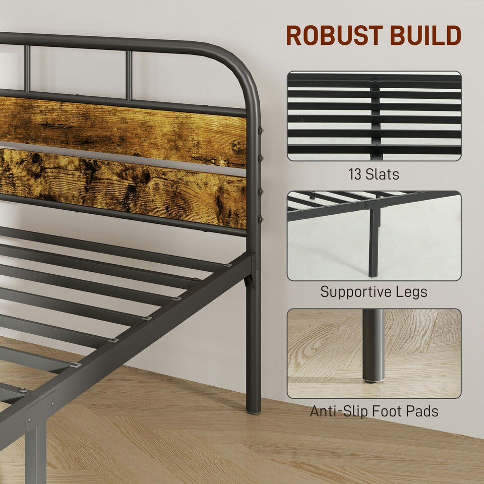 image 1 of HOMCOM Single Bed Frame with Headboard, No Box Spring Needed, Rustic Brown