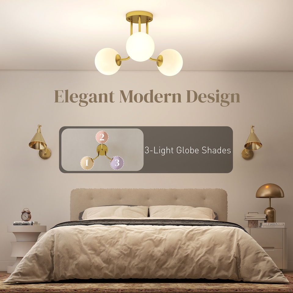image 1 of HOMCOM LED Ceiling Light with Globe Shades, Modern 3-Light Ceiling Light with G9 Sockets for Living Room, Bedroom, Dining Room, Bulbs Not Included, Gold Tone