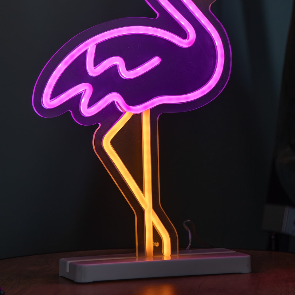 image 1 of 43cm Light up Neon Effect Flamingo with Santa Hat on Base with Multi-Coloured LEDs