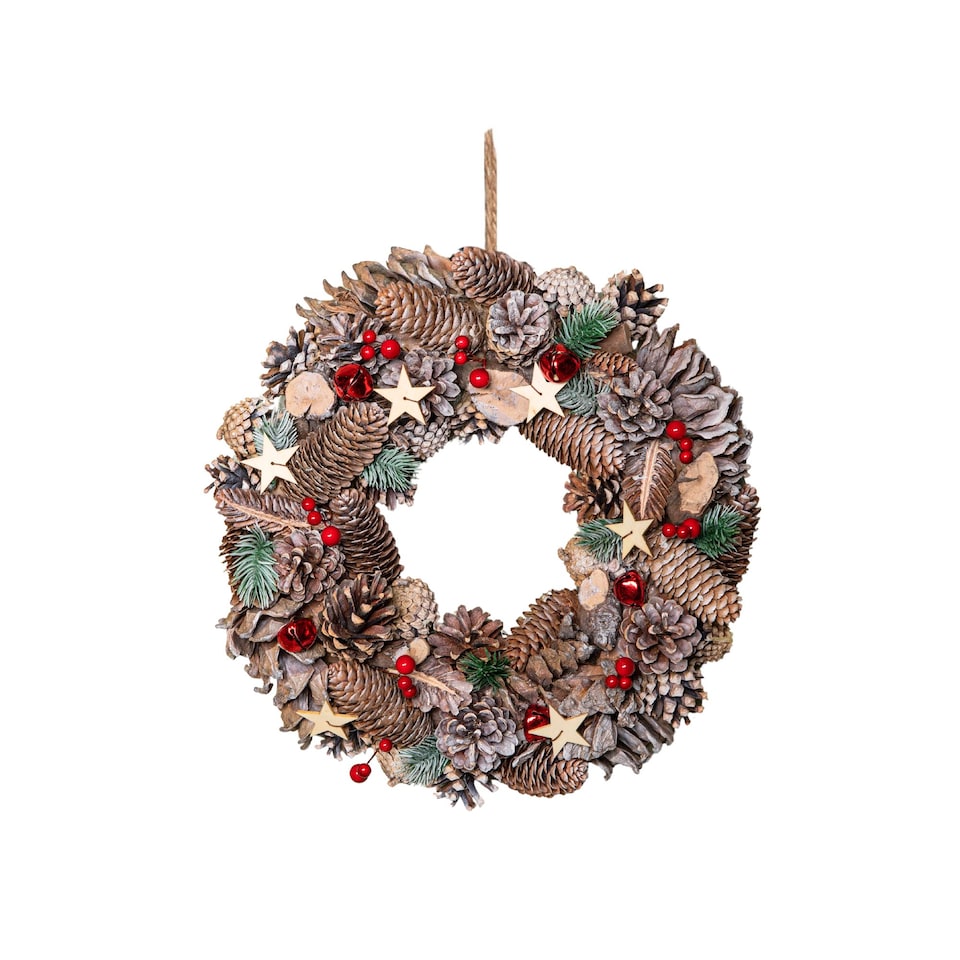 image 1 of 36cm Frosted Hanging Christmas Wreath with Red Jingle Bells & Wooden Stars