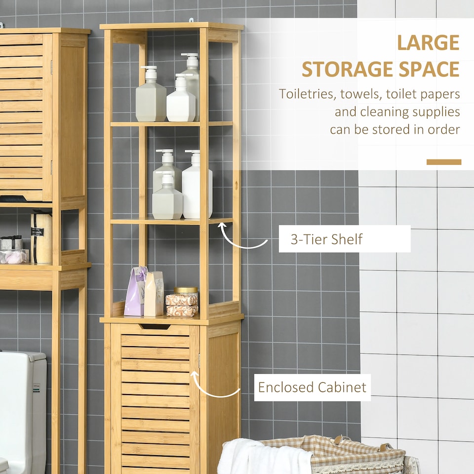 image 1 of kleankin Tall Bathroom Cabinet, Slim Storage Cabinet, Tallboy Bamboo Storage Unit with 3-Tier Storage Shelves and Freestanding Organiser, Natural