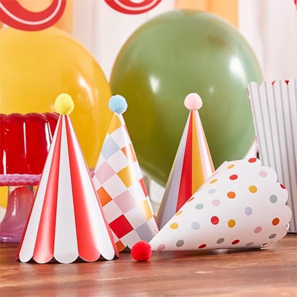 image 1 of Circus Scalloped Paper Party Hats with Pom Poms - Pack of 8