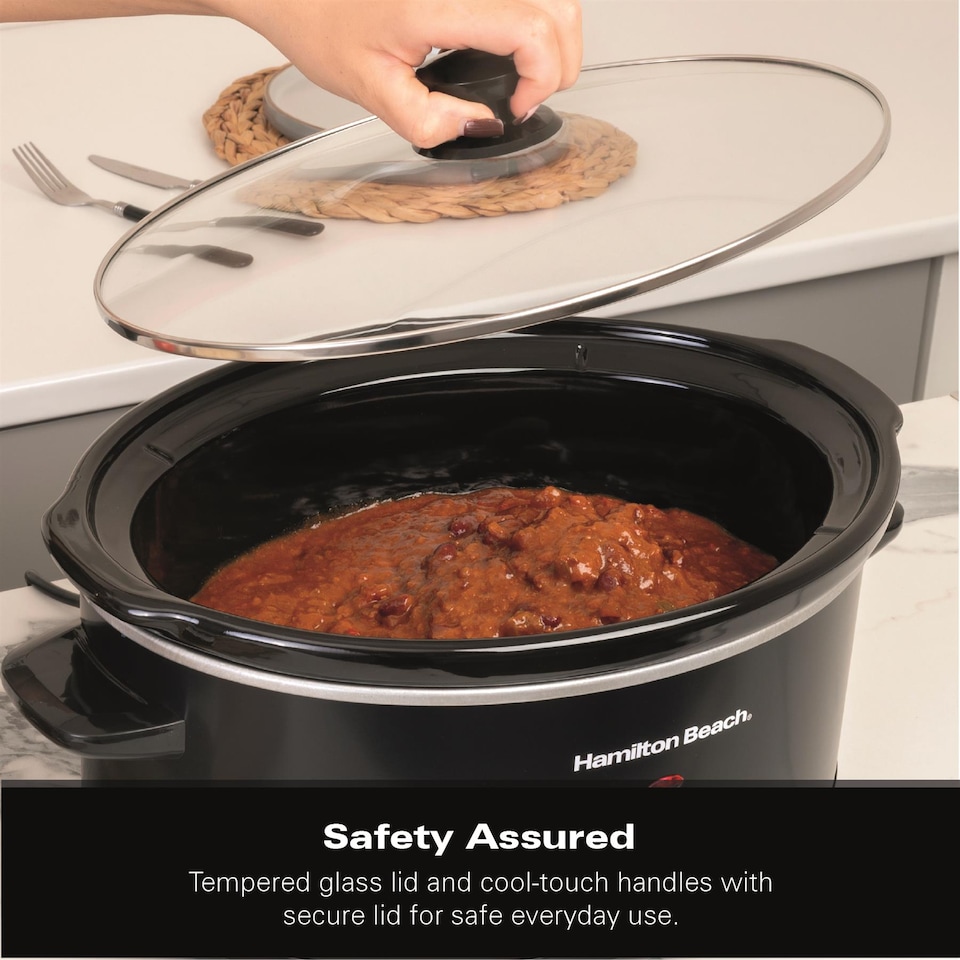 image 1 of Hamilton Beach Slow Cooker, 6.5 Litres, Family Favourite, 240W, Energy-Efficient, Removable Oven-Safe Ceramic Bowl, 3 Heat Settings, Serves 6-8 People, Easy Clean, Black - HBSC070B