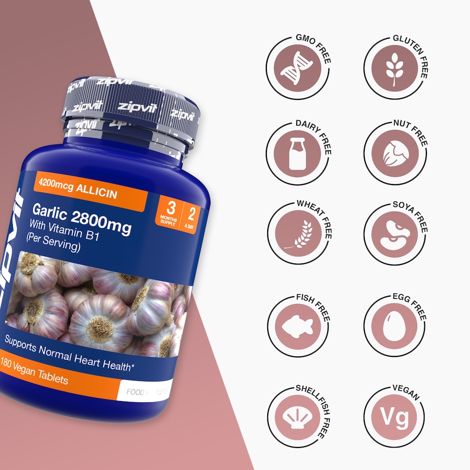 image 1 of Zipvit Garlic 2800mg with Vitamin B1, Heart & Energy Support, Provides Alliin & Allicin, 180 Vegan Tablets, 3-Month Supply