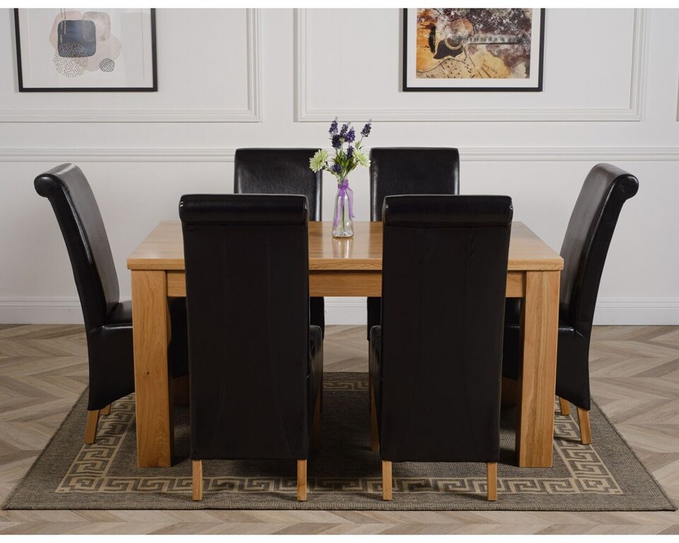 image 1 of Dakota 152 x 87cm Medium Oak Dining Table and 6 Montana Leather Chairs | Black | Black