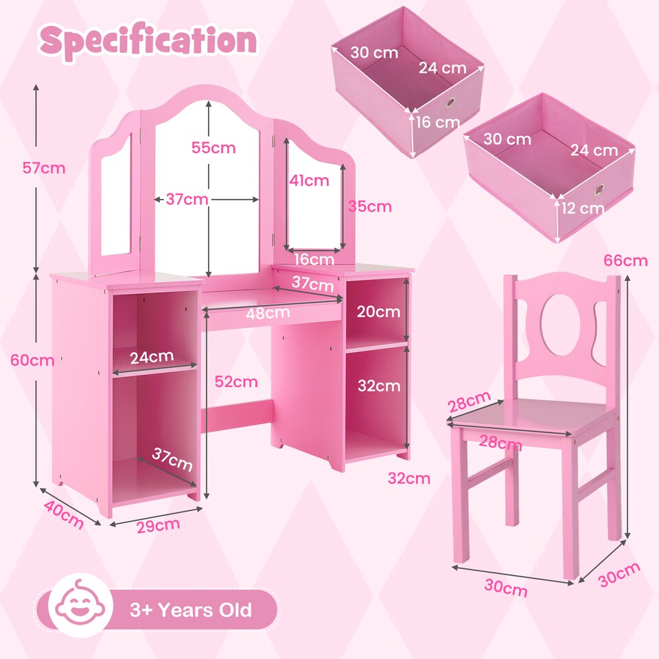 image 1 of COSTWAY Kids Vanity Desk & Chair 2 in 1 Toddler Makeup Pink