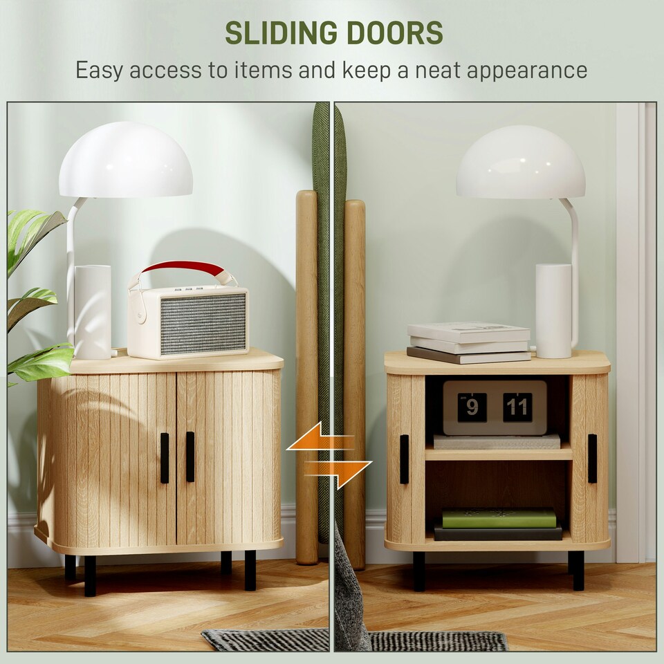 image 1 of HOMCOM Nightstand with Sliding Doors and Metal Legs for Bedroom Oak Tone