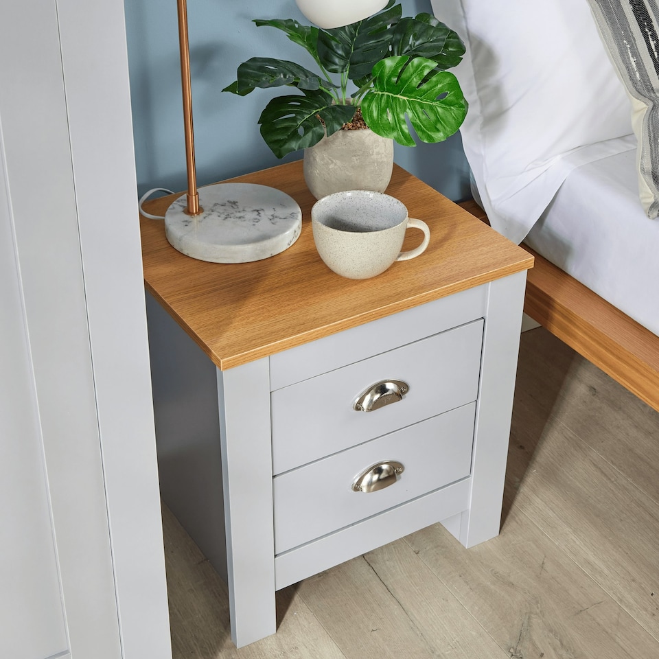 image 1 of Bedside 2 Drawer Bedroom Furniture Grey Oak Top Metal Handles Wooden Nightstand
