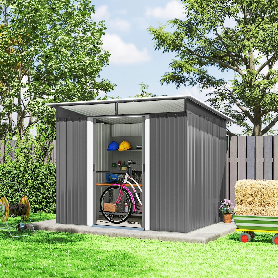 image 1 of Outsunny Garden Shed Outdoor Storage Tool Organizer w/ Double Sliding Door Grey