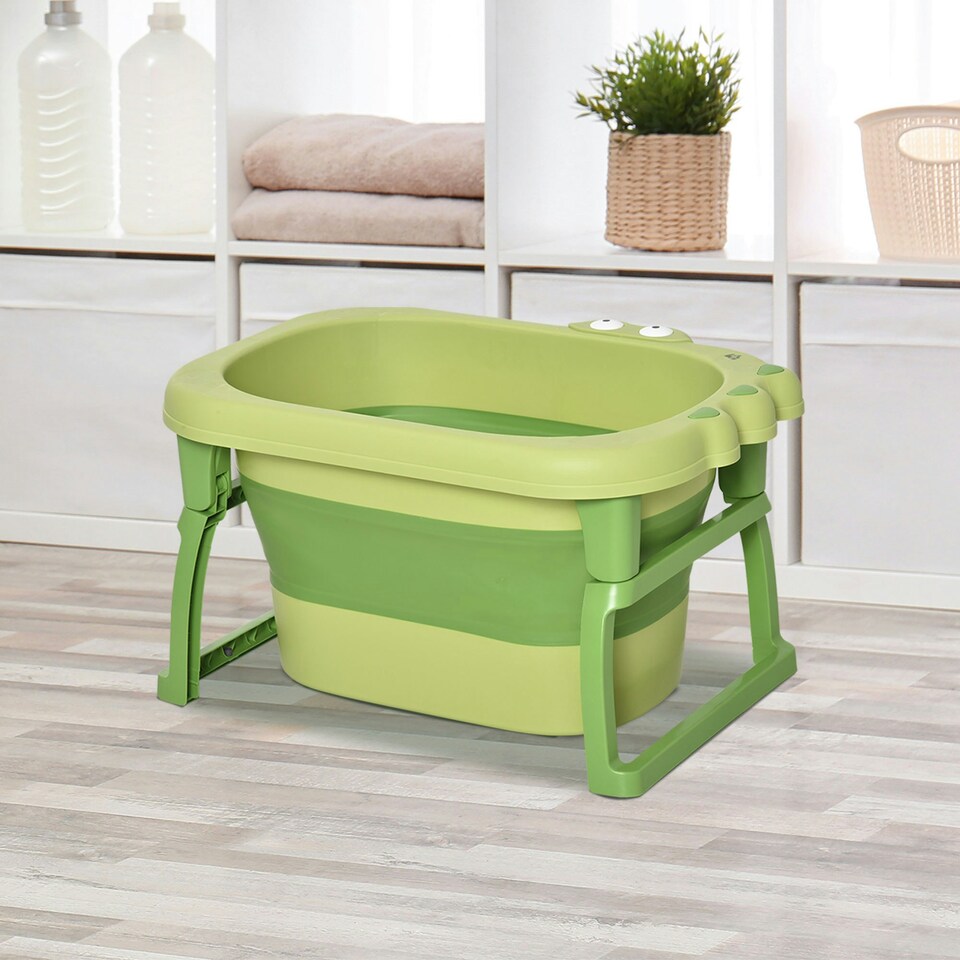 image 1 of HOMCOM Foldable Baby Bathtub for Newborns Infants Toddlers w/ Stool - Green