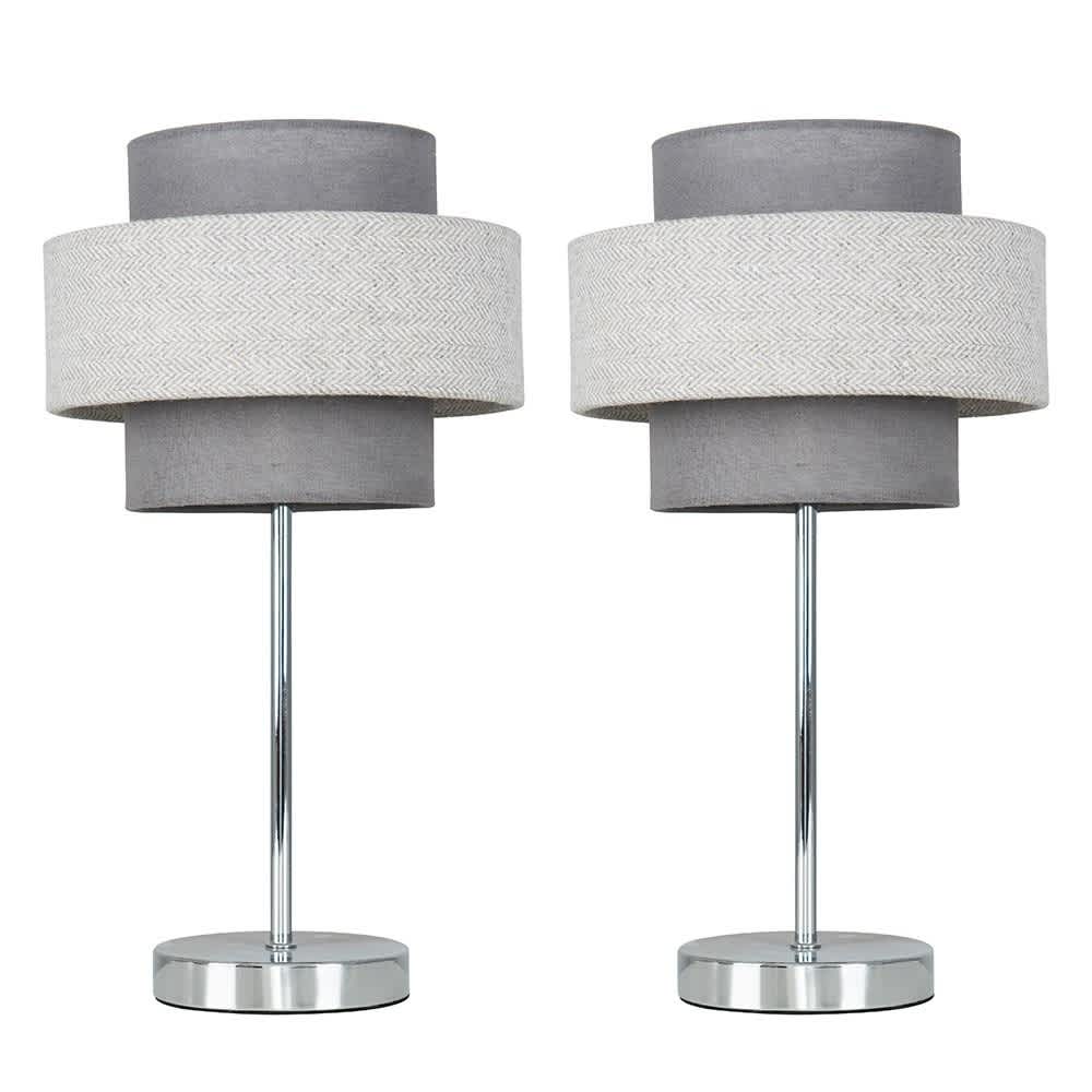 ValueLights Weaver Pair Chrome Touch Table Lamps Grey Herringbone Shades