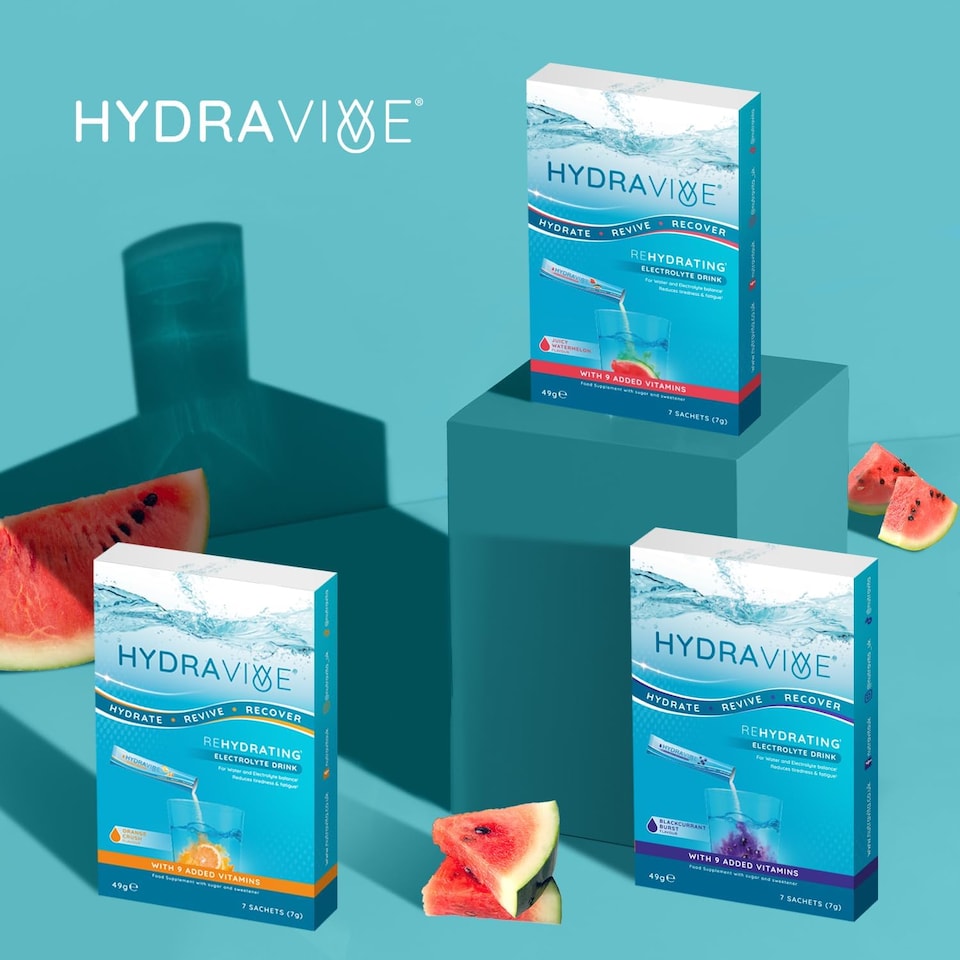 image 1 of Hydravive Rehydration Electrolytes Powder - High Strength Vitamin C and All 8 B Vitamins: B1, B3, B5, B12 Supplement Sachet Drink - 7 Pack Watermelon