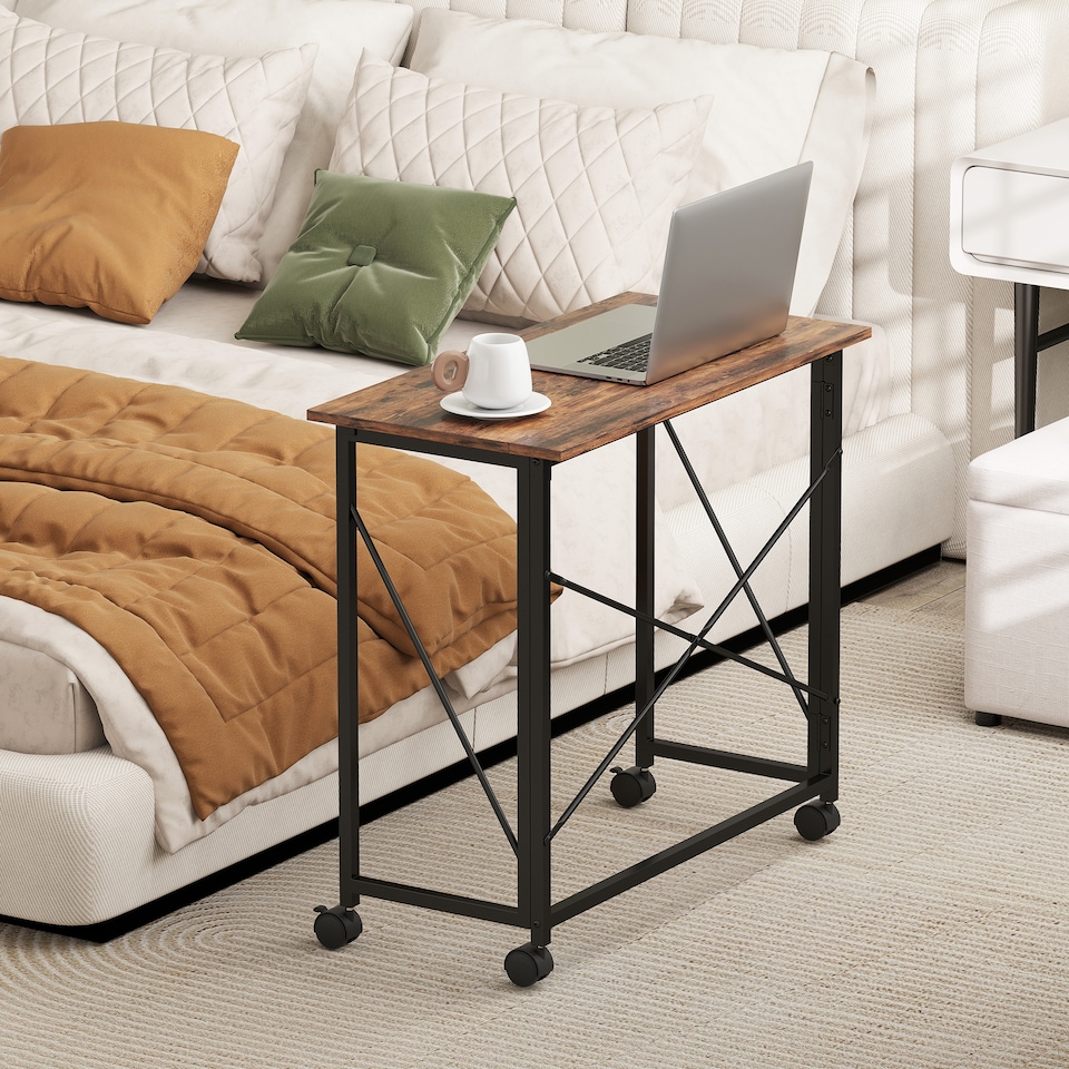 image 1 of HOMCOM Small Folding Desk, 80 cm Foldable Computer Desk on Wheels for Small Space, Easy Assembly, Space Saving Writing Table for Home Office, Bedroom, Rustic Brown