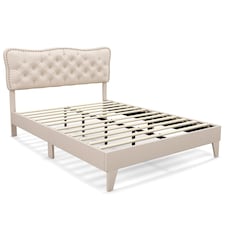 COSTWAY Double Linen Upholstered Platform Bed Frame Cream