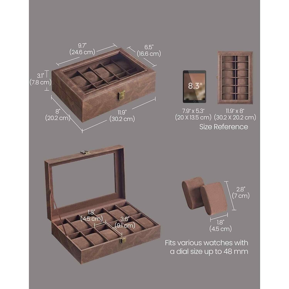 image 1 of 12 Slot Watch Storage Box with Glass Lid, Display Case with Removable Watch Pillows, Coffee Brown Synthetic Leather