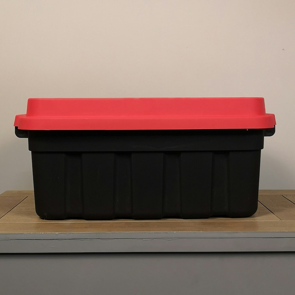 image 1 of 37L Black and Red Tuff Stackable Storage Box with Lid and Carry Handles Black