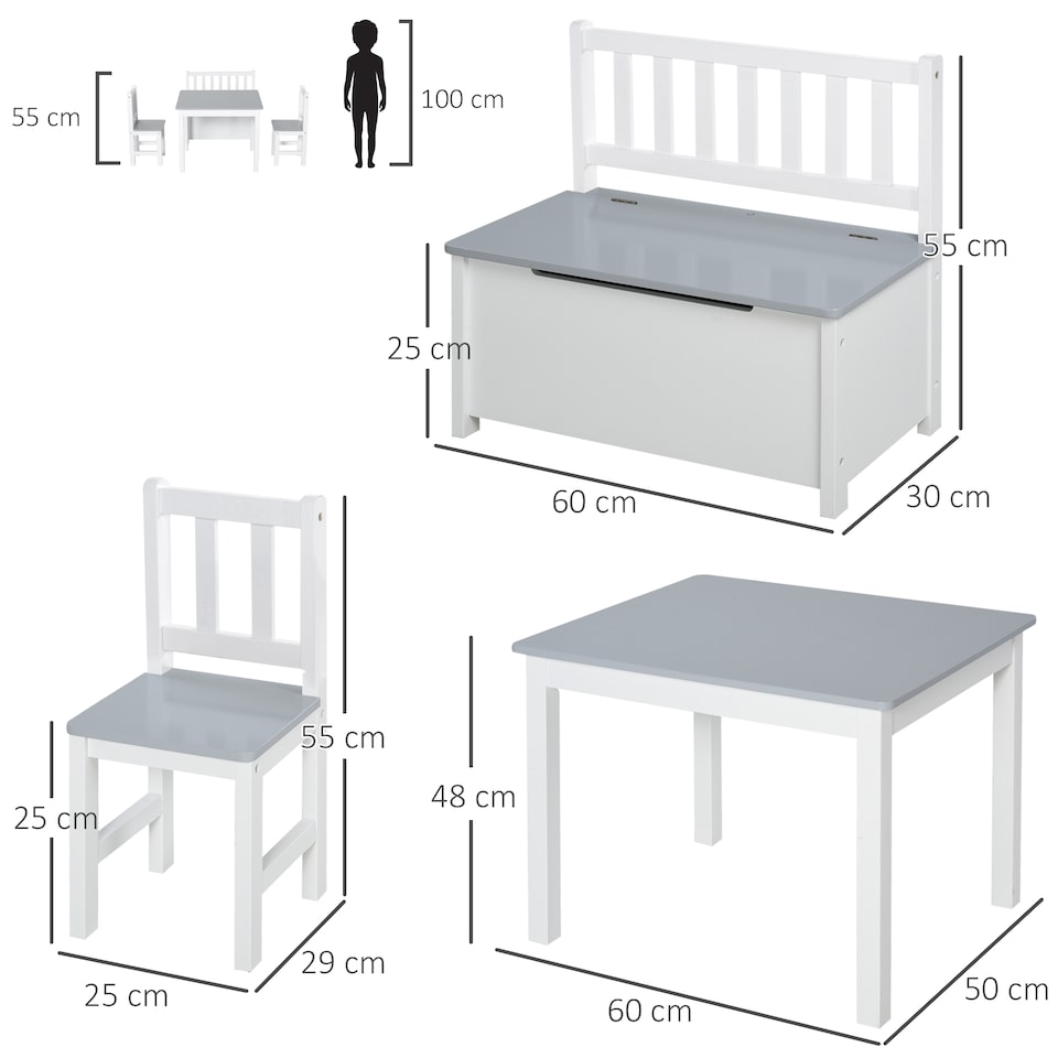 image 1 of HOMCOM 4-Piece Set Kids Wood Table Chair Bench w Storage Function for 3 Years