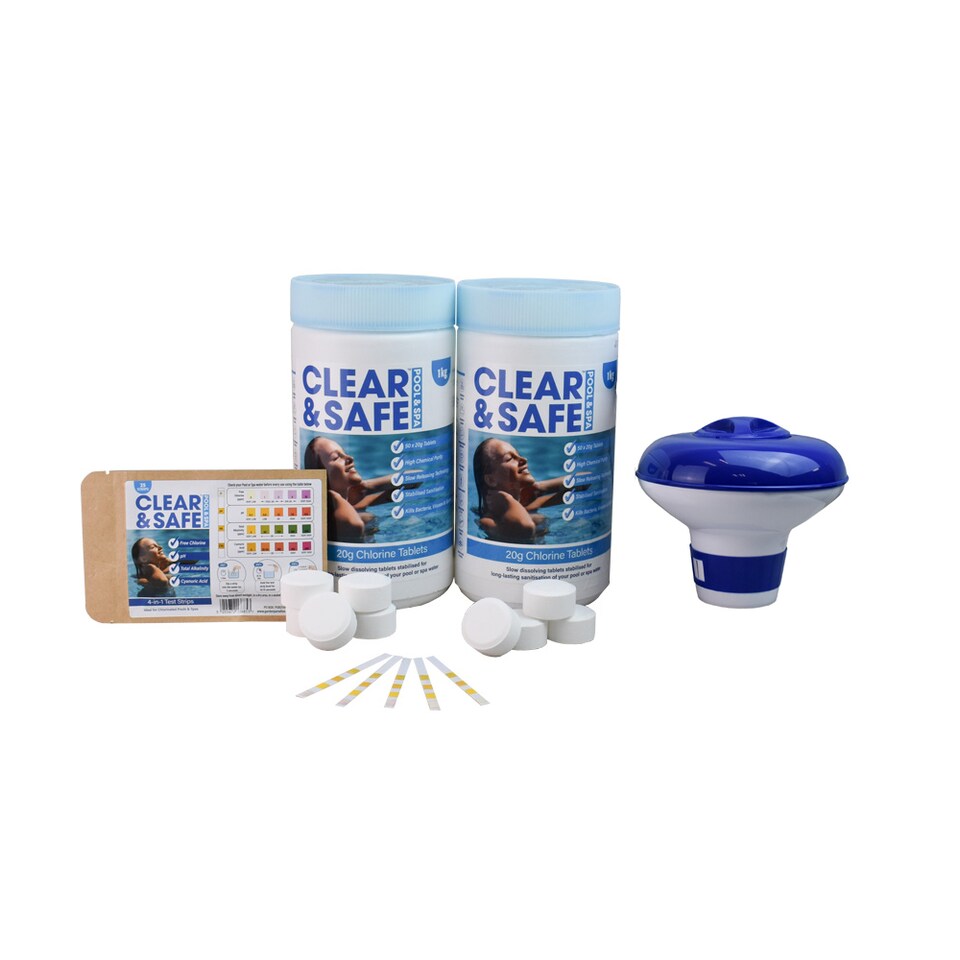 Clear & Safe 2kg of 20g Chlorine Tablets - 100 tablets + Floating Pool Dispenser + Test strips