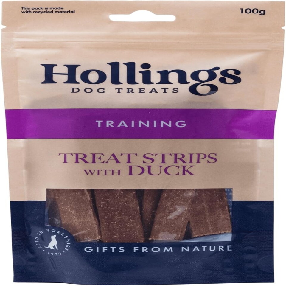 image 1 of Hollings Treat Strips with Duck Dog Training Treats, 100% Natural, Air Dried Duck Strips for Adult Dogs, Gluten Free & High in Protein (100g)