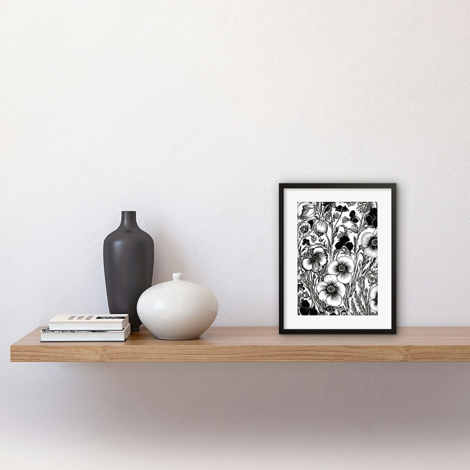 image 1 of Black White Viola Flower Pattern 9x7" Black Framed Wall Art Print
