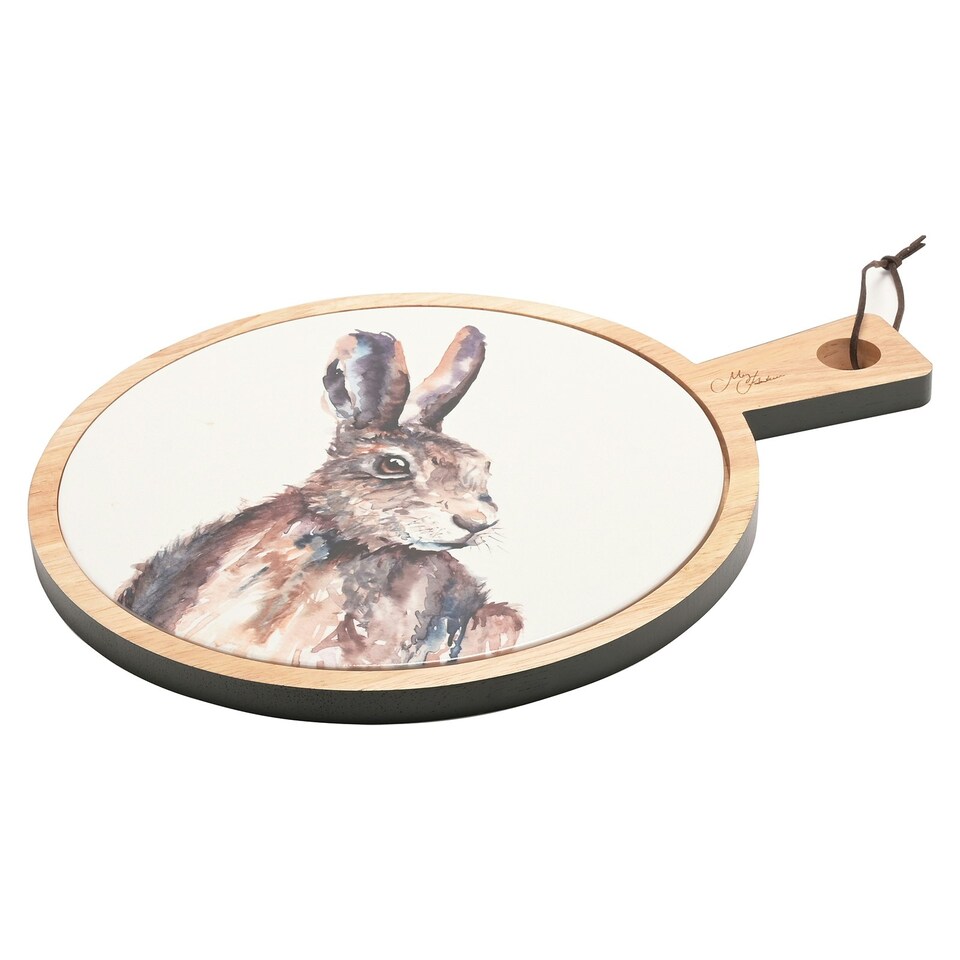 image 1 of Meg Hawkins Rubber Wood & Ceramic Serving Board Hare 27 x 35 cms